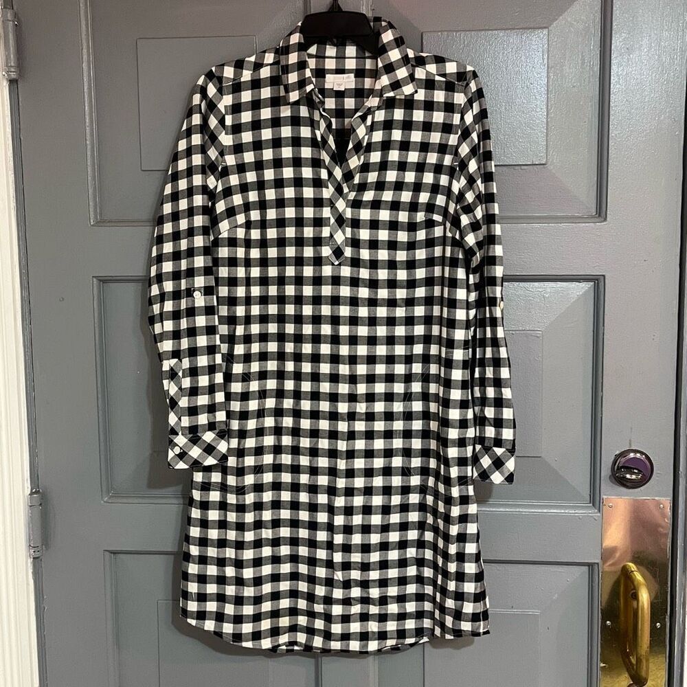 J. Jill Henley 100% Rayon Black & White Gingham Shirt Dress‎ With Pockets Sz XS